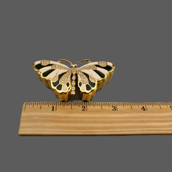 KJL Butterfly Brooch and Trinket Box, Golden Tan Black Enamel & Crystals, Vtg - Picture 7 of 8